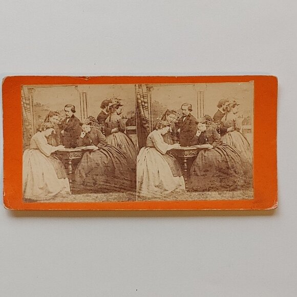 ANTIQUE STEREOGRAPH CARD Brewing Scandal Victorian Scene Victorian Ladies - Picture 1 of 3